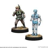 Two miniature figures on round bases with a white background, featuring a character and a robot.