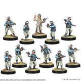Set of miniature figures in military gear on black bases with Lucasfilm branding.