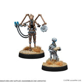 Two miniature figures on stands with a white background, featuring Lucasfilm branding.