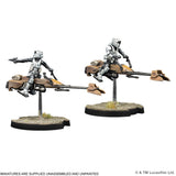 Two miniature figures on a stand with a white background, featuring Lucasfilm branding.
