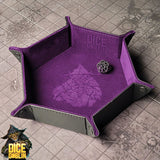 Purple dice tray with Dice Goblin logo on a tiled floor