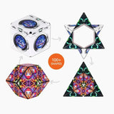 Colorful geometric shape-changing toy with packaging on a white background