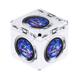 A white cube-shaped decorative object or toy with printed graphics of three washing machines, each showing a blue and purple galaxy pattern on the front door, isolated on a white background.