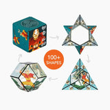 Transforming geometric shape puzzle with character illustrations on a white background