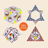 Colorful geometric shape sorter with Hello Kitty designs on a beige background