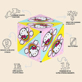 Colorful cube with cartoon character design on a beige background, featuring text about product features.