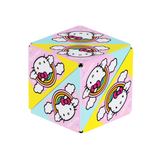Colorful cube with cartoon character design on a white background