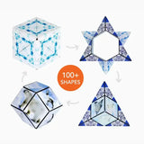 Four geometric shapes with a polar bear illustration on a white background, featuring the text '100+ shapes'.