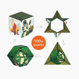 Green geometric shape-changing toy with character illustration on a white background