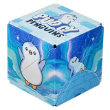Cube-shaped toy packaging with penguin design and 'Pud Penguins' branding.
