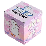 Cube-shaped product with Pudgy Penguins branding on a pink and purple gradient background
