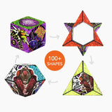 Colorful geometric shape puzzle with box and various shapes displayed on a white background.