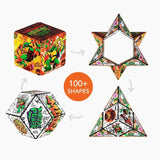 A set of Teenage Mutant Ninja Turtles folding magic cube puzzle toys shown in multiple geometric shapes on a light gray background, with an orange circle in the center reading '100+ SHAPES'.