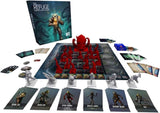 Board game set with characters, cards, and a large red creature on a board