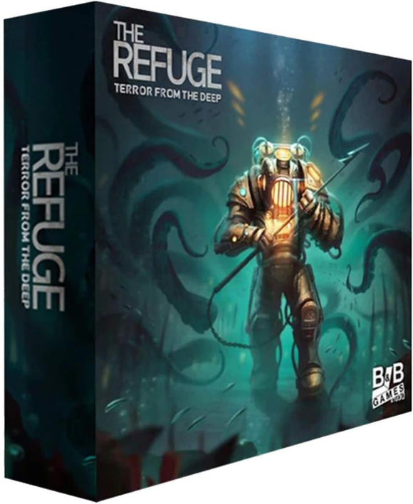Board game box titled 'The Refuge: Terror from the Deep' with a character in scuba gear and tentacles.