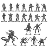 A set of unpainted gray miniature figurines and creature models arranged on a plain white background, including human soldiers in various poses and several alien/monster figures on bases.