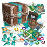 Board game components including a cardboard chest, cards, dice, and game pieces on a white background