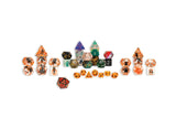 Assorted dice set with various shapes and colors on a white background