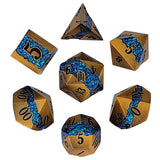 Set of metallic dice with blue gemstone inclusions on a white background
