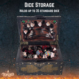 Dice storage box with dice inside on a dark background