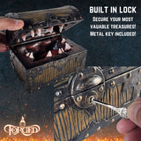 Metal treasure chest with lock and key, featuring the brand 'Forged'.