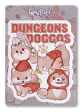 Sticker with cartoon dogs in fantasy attire and 'Dungeons Doggos' text on a gray background.