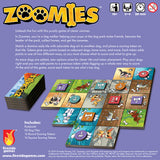 Board game packaging for 'Zoomies' with game pieces and rules text on a purple background