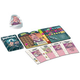 Board game components including cards and a mat with cartoon character design on a white background