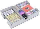 Card organizer with various cards and items on a white background