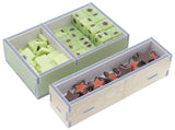 Two wooden storage boxes with compartments containing green and brown star-shaped items on a white background.