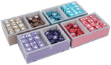Colorful die organizer with compartments for dice on a white background
