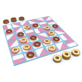 Board game with donut-shaped pieces on a pink and blue checkered board