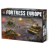 Box for 'Fortress Europe' game set featuring tanks and soldiers on a battlefield.