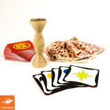 Wooden game piece, cards with symbols, and a cloth on a white background with FoxMind branding.