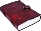 Red leather journal with embossed design and lock on a white background