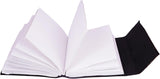 Open book with white pages and black binding on a white background