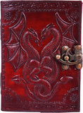 Red leather journal with embossed dragons and a latch on a white background