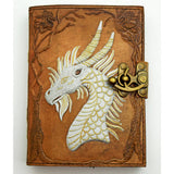 Leather-bound book with embossed dragon design and gold latch on a white background