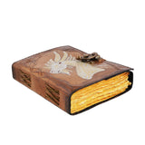 Decorative leather-bound book withembroidered design on a white background