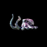 Decorative aquarium sculpture of a pink and green octopus on a black background