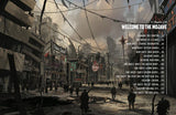 Post-apocalyptic street scene with people and text overlay on a dark, smoky background