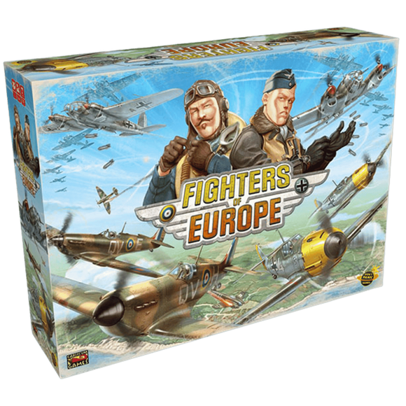 Board game box for 'Fighters of Europe' with airplane graphics and two pilots on a blue background.