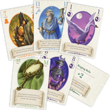 Collection of fantasy-themed cards with various illustrations and text on a white background