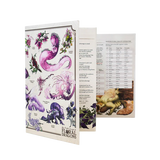 Floral dragons card with dragon illustrations and text on a white background