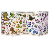 Foldout card with colorful illustrations of fantasy creatures on a white background