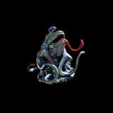 Metallic dragon figurine with a red tongue on a black background
