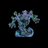Glowing blue and green glass sculpture on a black background