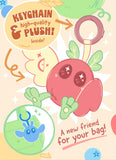 Illustration of a plush toy with a keychain on a colorful background, featuring text about keychains and plushies.