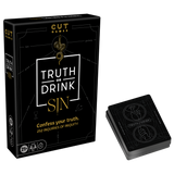 Black packaging of 'Truth or Drink SIn' card game with gold and white text.
