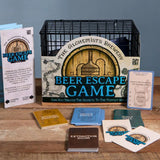 Beer Escape Game packaging with various components on a wooden surface.
